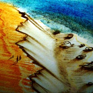 Coast Path Trio pastel sketch of vibrant multi layered sea family cliff walk by Simon Strawbridge